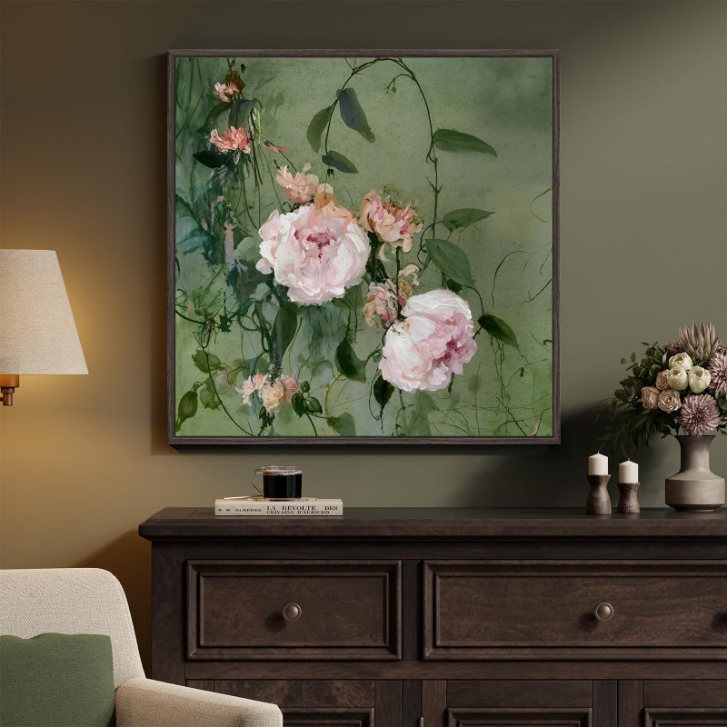 Cuspin Framed Vintage Floral Square Wall Art Pink and Green Retro Botanical Watercolor Flower Canvas Painting Prints French Country Cottage Core Elegant Peony Artwork for Bedroom Living Room Office 24x24 - Image 2
