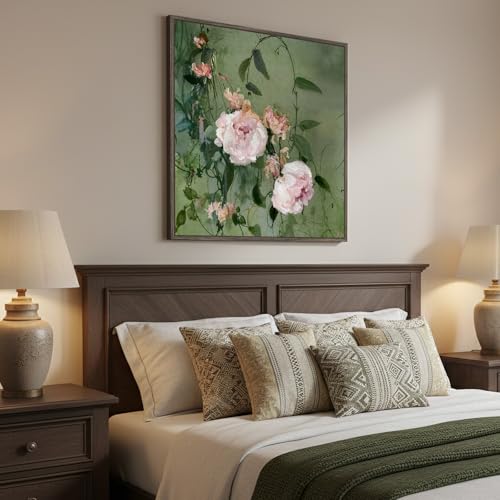 Cuspin Framed Vintage Floral Square Wall Art Pink and Green Retro Botanical Watercolor Flower Canvas Painting Prints French Country Cottage Core Elegant Peony Artwork for Bedroom Living Room Office 24x24 - Image 3