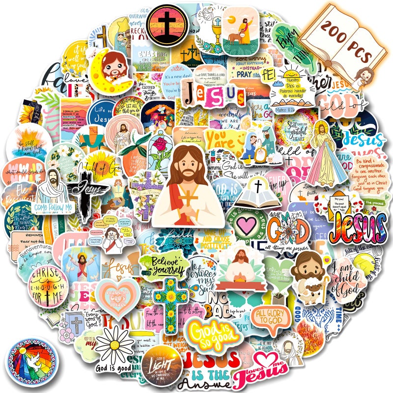 WAKEMOODEI 200PCS Jesus Christian Stickers, Religious Stickers for Kids Bible Verse Sticker Christian Decals for Water Bottles Laptop, Vinyl Faith Wisdom Words Decals Religious Gifts - Image 1