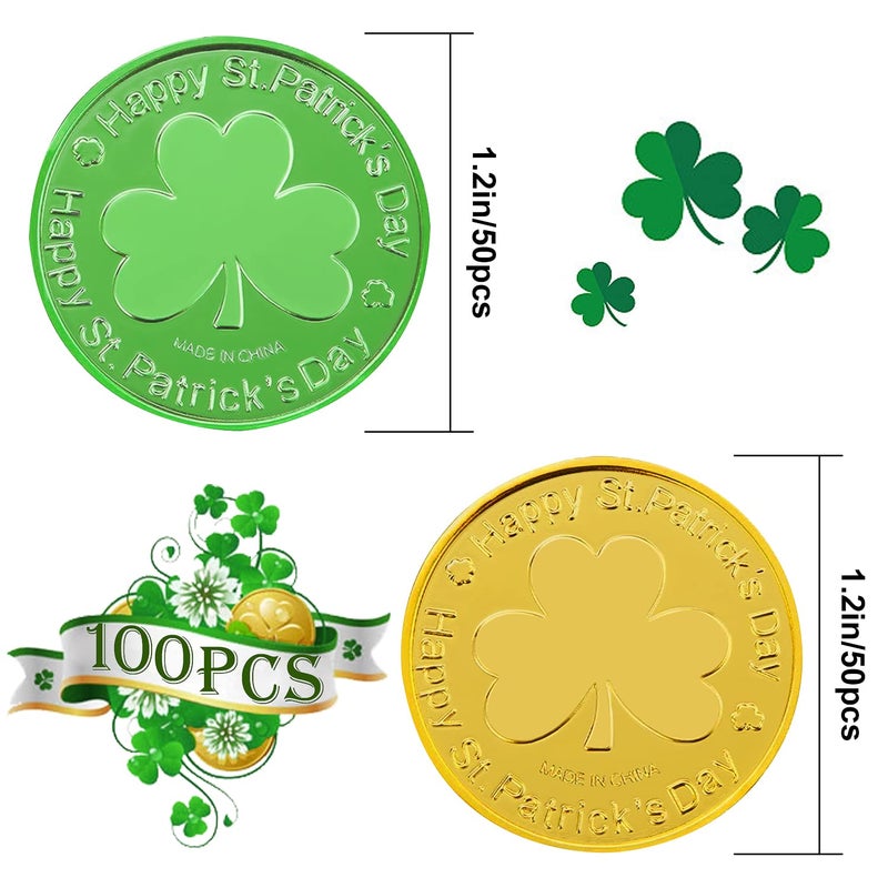 SpinLaLa St. Patrick's Day Gold Coins - 100 Pieces Gold Green Lucky Coins Plastic Shamrock Leprechaun Coins, 3-Leaf Clover Coin for Party Decoration Favors - Image 2