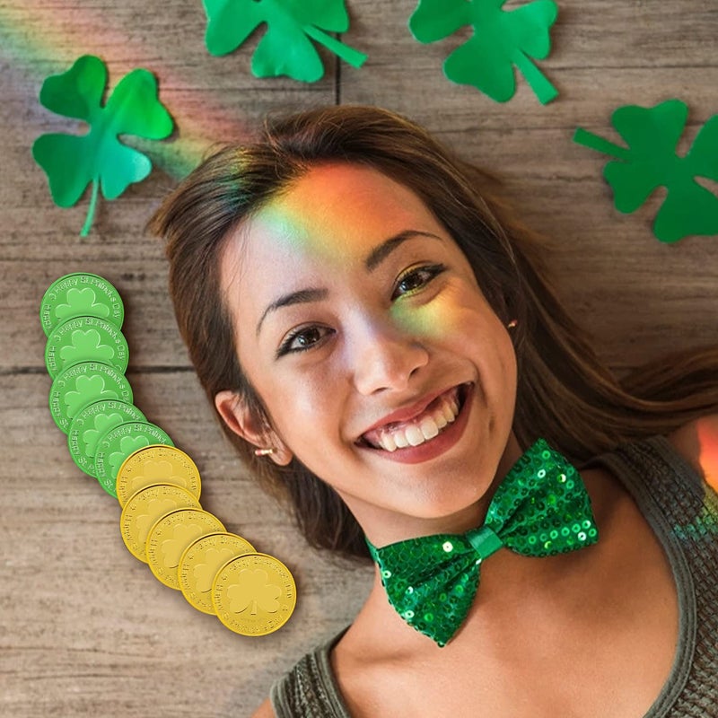 SpinLaLa St. Patrick's Day Gold Coins - 100 Pieces Gold Green Lucky Coins Plastic Shamrock Leprechaun Coins, 3-Leaf Clover Coin for Party Decoration Favors - Image 3