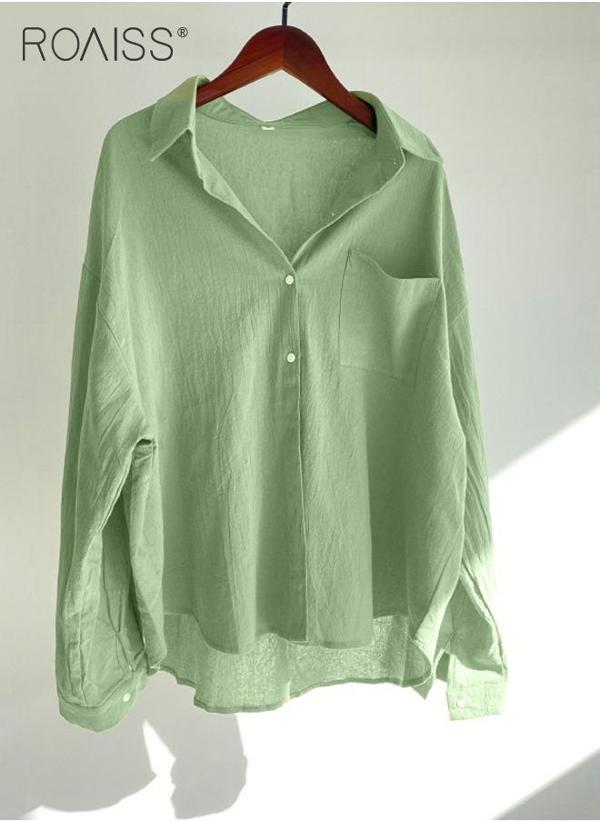 roaiss Ladies 2 Piece Set New Trend Fashion Classic Solid Color Cotton Linen Shirt Suit Summer Spring Plus Size Clothes for Women Breathable and Cool Long-Sleeve Lapel Shirt Loose Pants  - Image 2