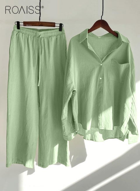 طقم سيدات مكون من قطعتين موضة جديدة موضة كلاسيكية كلاسيكية كلاسيكية كلاسيكية بلون القطن الكتان قميص قطن سادة صيفي ربيعي، ملابس نسائية بأكمام طويلة مسامية ورائعة قميص بأكمام طويلة وبنطال فضفاض