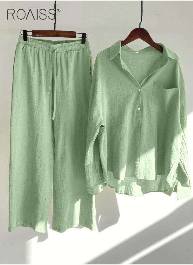 roaiss Ladies 2 Piece Set New Trend Fashion Classic Solid Color Cotton Linen Shirt Suit Summer Spring Plus Size Clothes for Women Breathable and Cool Long-Sleeve Lapel Shirt Loose Pants  - Image 1