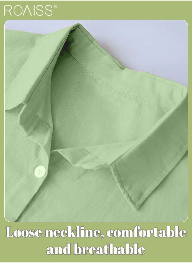 roaiss Ladies 2 Piece Set New Trend Fashion Classic Solid Color Cotton Linen Shirt Suit Summer Spring Plus Size Clothes for Women Breathable and Cool Long-Sleeve Lapel Shirt Loose Pants  - Image 4