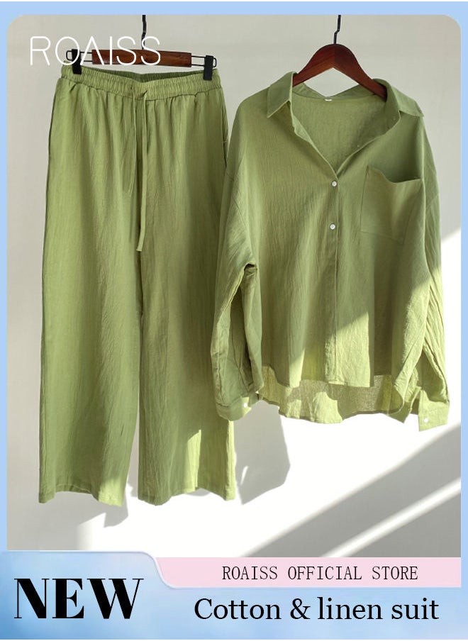 roaiss - Ladies 2 Piece Set New Trend Fashion Classic Solid Color Cotton Linen Shirt Suit Summer Spring Plus Size Clothes for Women Breathable and Cool Long-Sleeve Lapel Shirt Loose Pants - Image 1