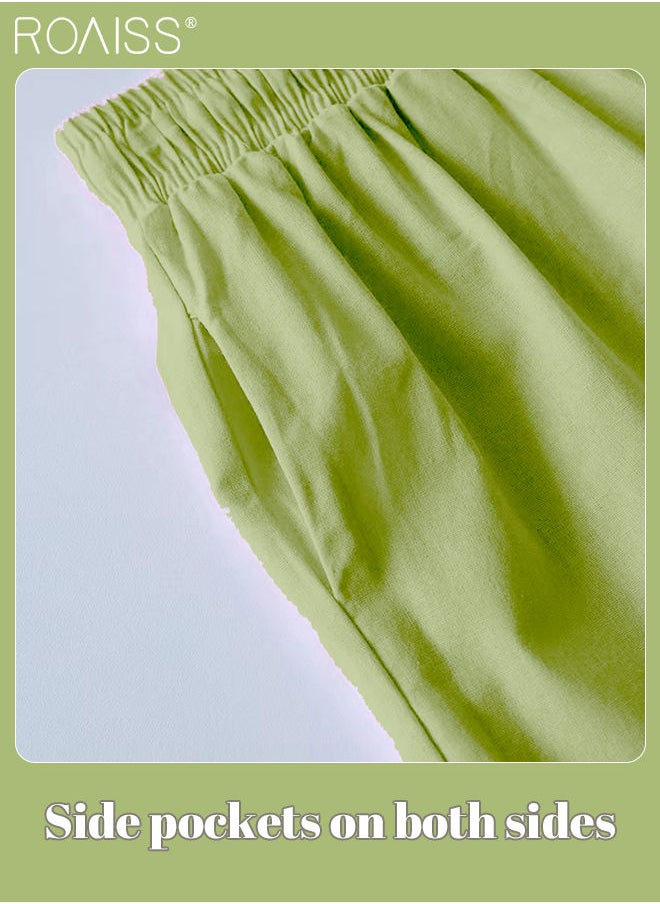 roaiss - Ladies 2 Piece Set New Trend Fashion Classic Solid Color Cotton Linen Shirt Suit Summer Spring Plus Size Clothes for Women Breathable and Cool Long-Sleeve Lapel Shirt Loose Pants - Image 1