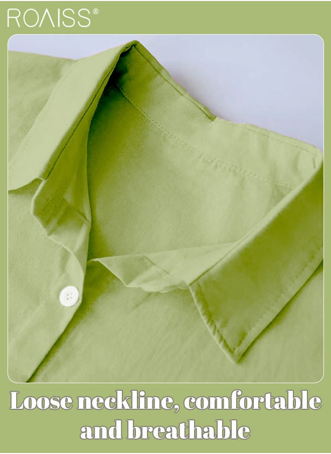 roaiss - Ladies 2 Piece Set New Trend Fashion Classic Solid Color Cotton Linen Shirt Suit Summer Spring Plus Size Clothes for Women Breathable and Cool Long-Sleeve Lapel Shirt Loose Pants - Image 1
