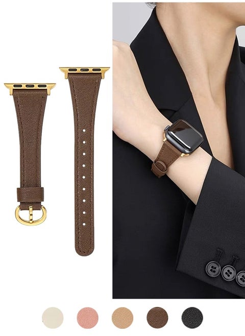 For Apple Watch Leather Band, Compatible with Apple Watch Band 38mm 40mm 41mm 42mm Women, Top Grain Genuine Leather Strap Thin Watch Wristband for iWatch Series10 9 8 7 6 5 4 3 2 1 SE Ultra 2 Brown ﻿