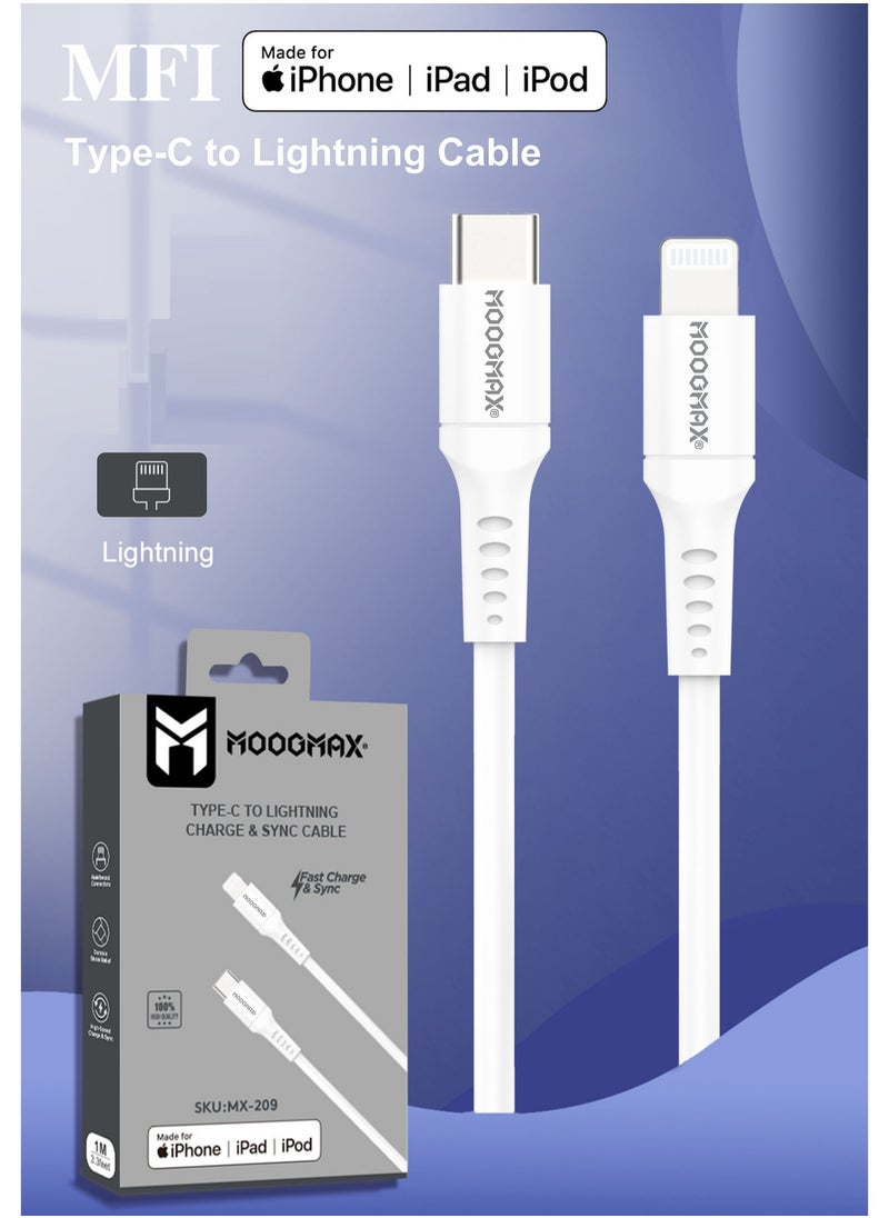 MOOGMAX - Type-C to lightning plastic charging and sync cable 1M supports fast charging certificated from Apple MFI. White from Moogmax - Image 1