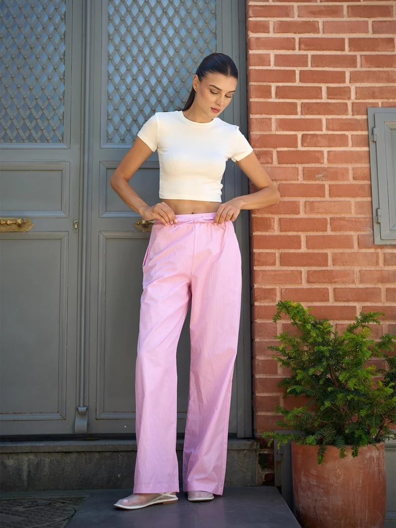 Juste Stripe Pattern Poplin Pink Loose Trousers