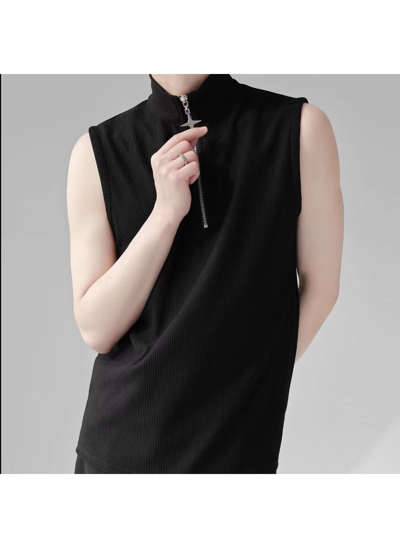 Generic - Sleeveless T-shirt vest mens solid color summer Korean fashion brand sports casual Pleated vest waistcoat sleeveless wear Black - Image 1