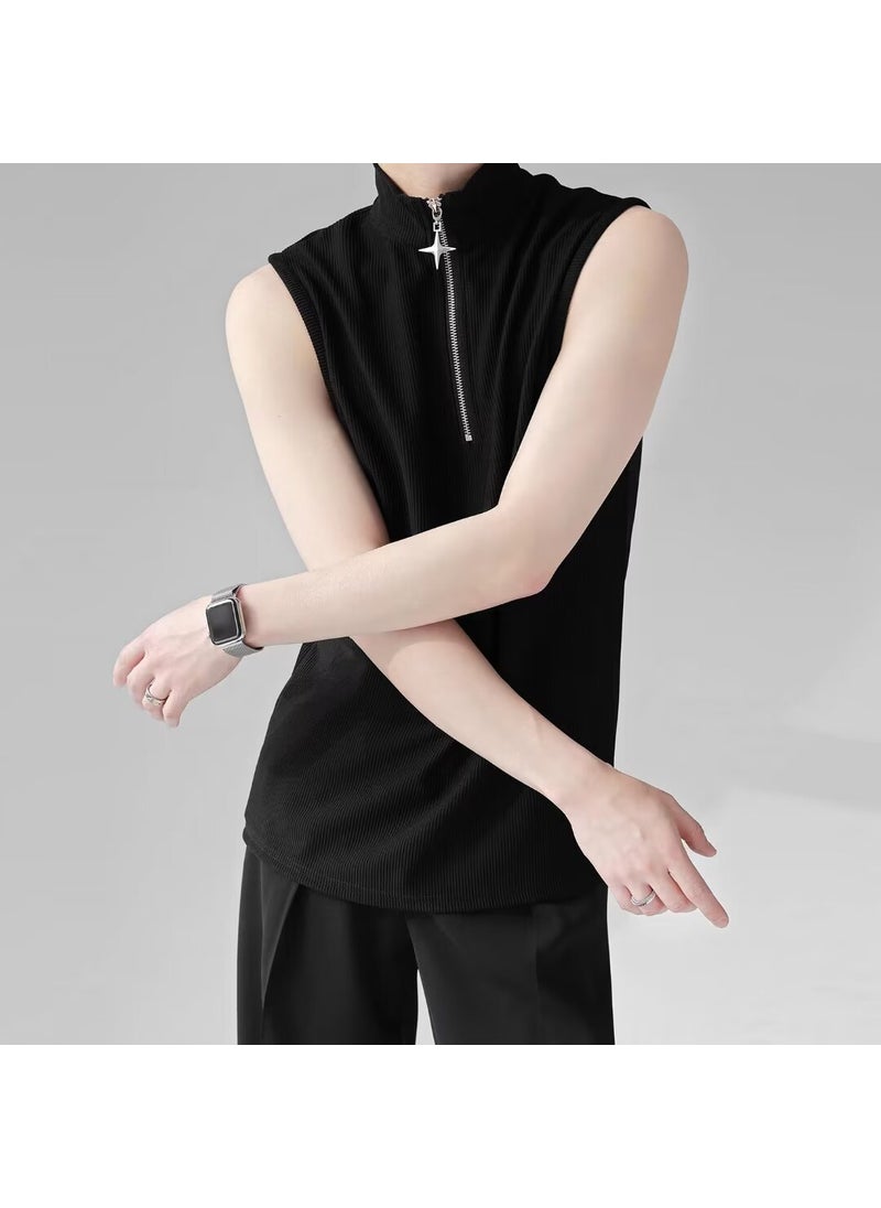 Generic - Sleeveless T-shirt vest mens solid color summer Korean fashion brand sports casual Pleated vest waistcoat sleeveless wear Black - Image 1