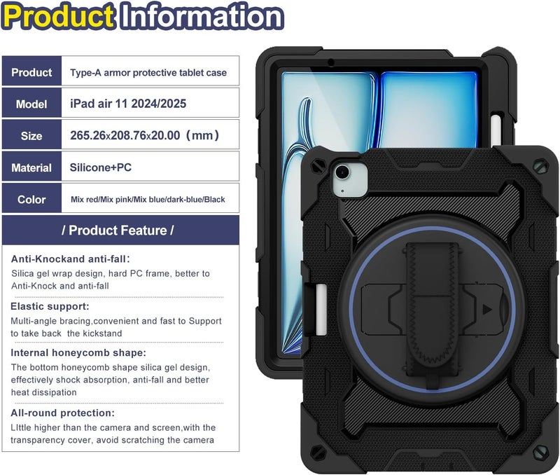 OSALO Case for iPad Air 11 2024/2025 with Pencil Holder, 360 Rotating Hand Strap and Stand Heavy Duty Shockproof Tablet Protective Cover, Black - Image 3