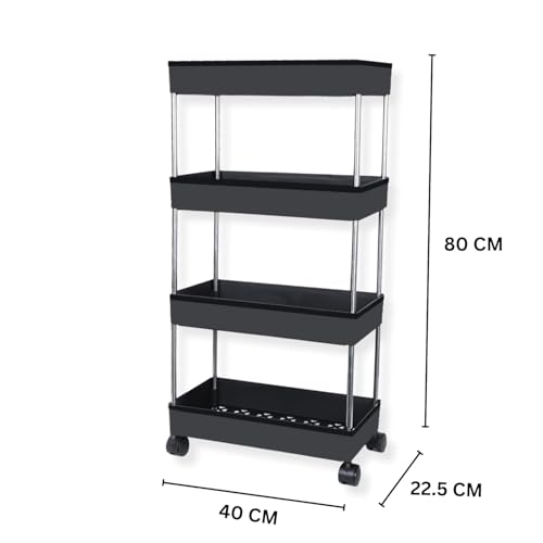 RADIANT 4 Layer Multipurpose Plastic Trolley with Dish Rack for Kitchen Fruit Vegetable Storage Basket Kitchenware Food, Snacks, Toys, Tiered Shelf (Black) (SS Silver Pipe) - Image 2