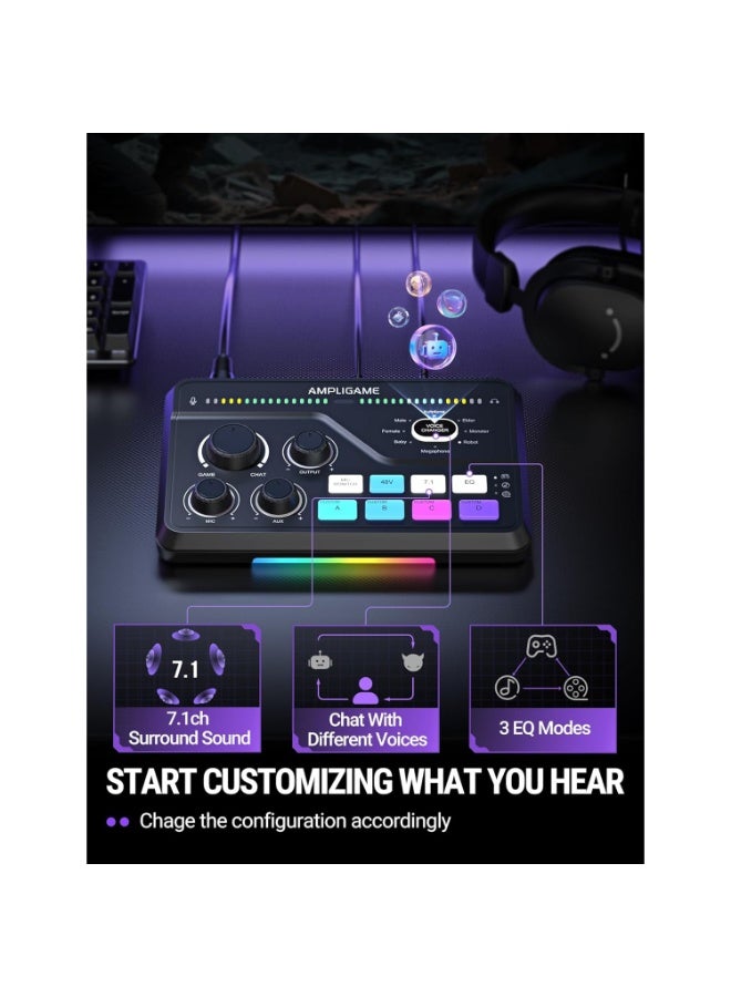 فيفين خلاط ألعاب SC8 XLR RGB للمحادثات الصوتية والبث المباشر - مضخم صوت سماعات رأس بصوت محيطي 7.1 قناة - مضخم صوت مسبق، مغير صوت، تحكم في مستوى الصوت، 3 أوضاع معادل صوت - Image 4