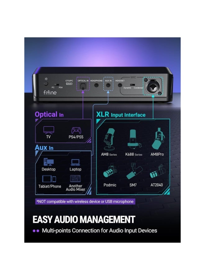 فيفين خلاط ألعاب SC8 XLR RGB للمحادثات الصوتية والبث المباشر - مضخم صوت سماعات رأس بصوت محيطي 7.1 قناة - مضخم صوت مسبق، مغير صوت، تحكم في مستوى الصوت، 3 أوضاع معادل صوت - Image 2