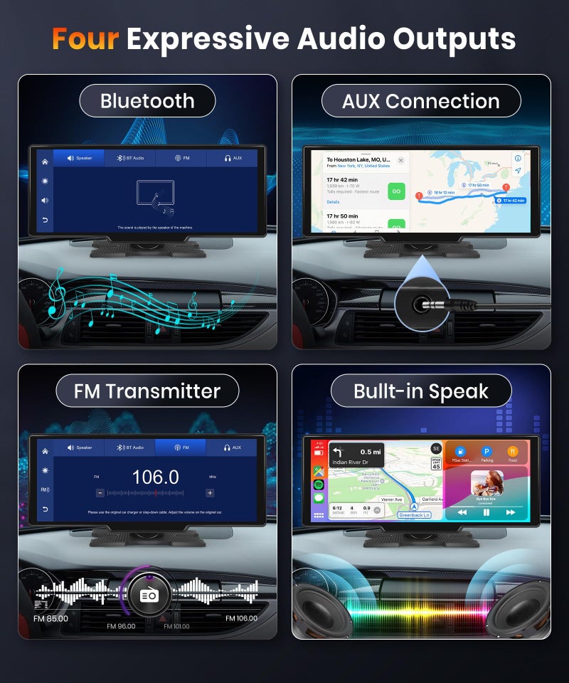 Podofo شاشة بودوفو 10.26 بوصة لاسلكية لسيارة كار بلاي، كار بلاي لاسلكي أندرويد أوتو، شاشة تعمل باللمس 1080 بكسل IPS، بلوتوث/يد خالية/نظام تحديد المواقع/إف إم/أوكس/بطاقة TF/دعم كاميرا خلفية - Image 4