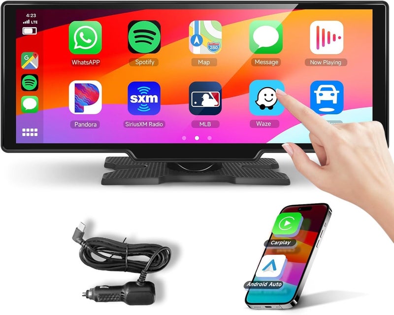 Podofo شاشة بودوفو 10.26 بوصة لاسلكية لسيارة كار بلاي، كار بلاي لاسلكي أندرويد أوتو، شاشة تعمل باللمس 1080 بكسل IPS، بلوتوث/يد خالية/نظام تحديد المواقع/إف إم/أوكس/بطاقة TF/دعم كاميرا خلفية - Image 1