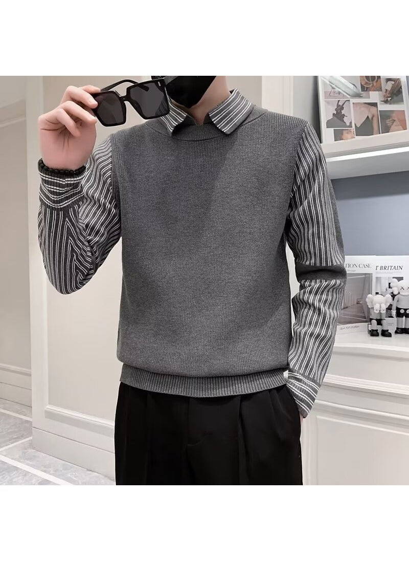 Generic - Spring Autumn Two-Piece Illusion Sweater Knitted Top Jacket Base Layer Mens Casual Wool Suit Smooths Your Silhouette Winter Coffee color - Image 1