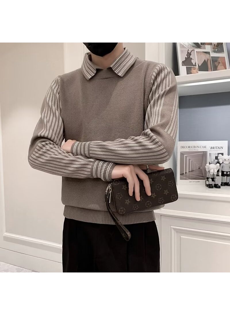 Generic - Spring Autumn Two-Piece Illusion Sweater Knitted Top Jacket Base Layer Mens Casual Wool Suit Smooths Your Silhouette Winter Coffee color - Image 1