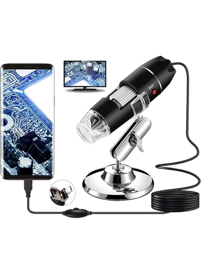 ميكروسكوب رقمي USB 3 في 1 Micro USB Type C بتكبير 50X-1600X مع محول OTG ومنظار مع حامل متوافق مع الأجهزة المحمولة والكمبيوترات اللوحية Samsung Galaxy و Android و Mac و Windows - Image 1