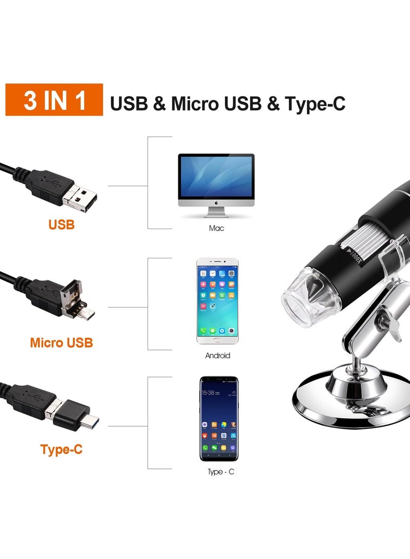 ميكروسكوب رقمي USB 3 في 1 Micro USB Type C بتكبير 50X-1600X مع محول OTG ومنظار مع حامل متوافق مع الأجهزة المحمولة والكمبيوترات اللوحية Samsung Galaxy و Android و Mac و Windows - Image 4