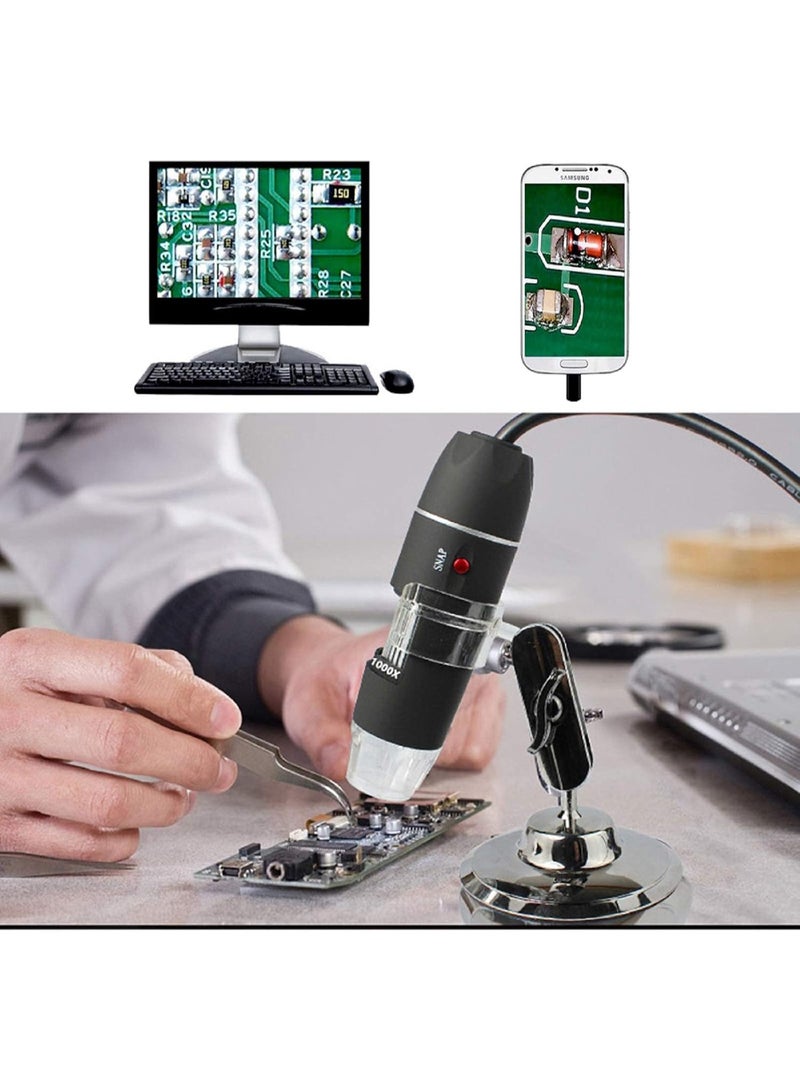 ميكروسكوب رقمي USB 3 في 1 Micro USB Type C بتكبير 50X-1600X مع محول OTG ومنظار مع حامل متوافق مع الأجهزة المحمولة والكمبيوترات اللوحية Samsung Galaxy و Android و Mac و Windows - Image 3