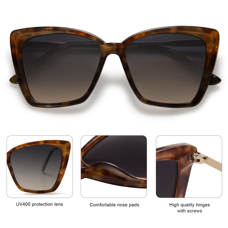 SOJOS Trendy Polarized Sunglasses For Women Retro Womens Oversized Square Cat Eye Sun Glasses UV Protection SJ2206 Tortoise Frame/Grey Grading Lens - Image 4