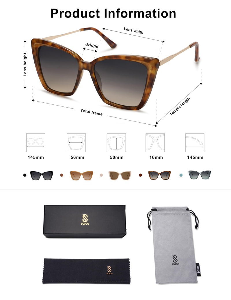 SOJOS Trendy Polarized Sunglasses For Women Retro Womens Oversized Square Cat Eye Sun Glasses UV Protection SJ2206 Tortoise Frame/Grey Grading Lens - Image 5