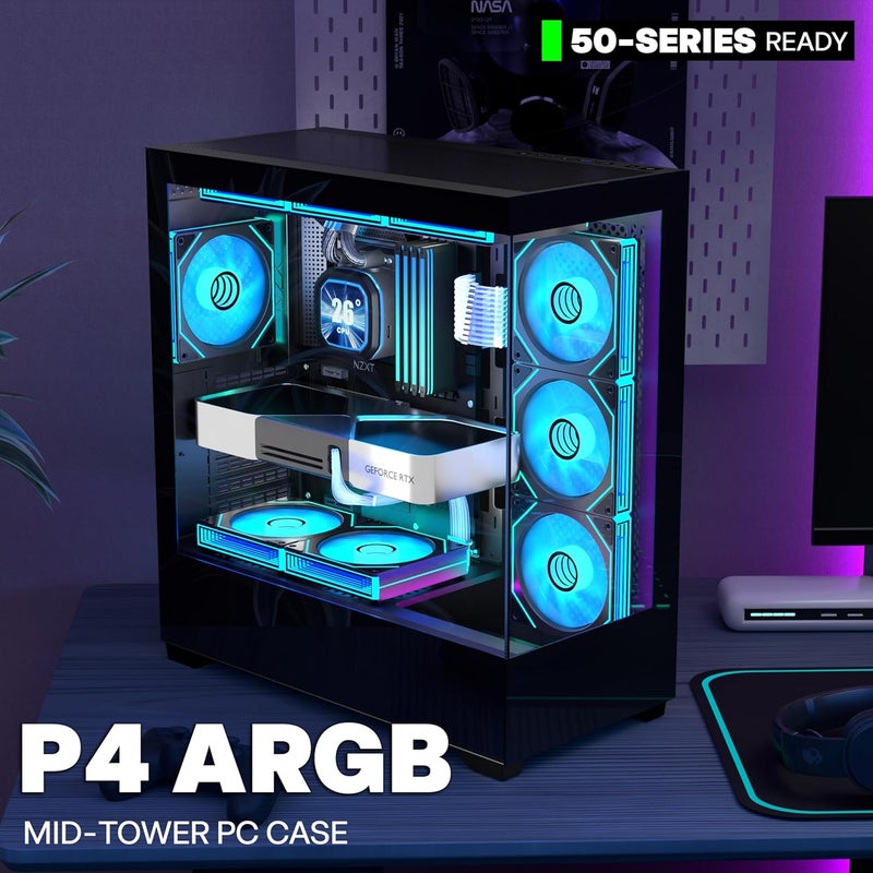 علبة كمبيوتر KEDIERS ATX مع 7 مراوح PWM ARGB مثبتة مسبقًا، منفذ Type-C، برج متوسط مع زجاج مقوى مزدوج الرؤية، علبة كمبيوتر ألعاب، أسود، P4 - Image 2