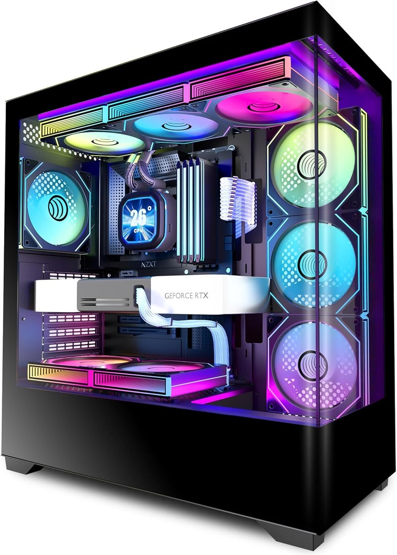 علبة كمبيوتر KEDIERS ATX مع 7 مراوح PWM ARGB مثبتة مسبقًا، منفذ Type-C، برج متوسط مع زجاج مقوى مزدوج الرؤية، علبة كمبيوتر ألعاب، أسود، P4 - Image 1