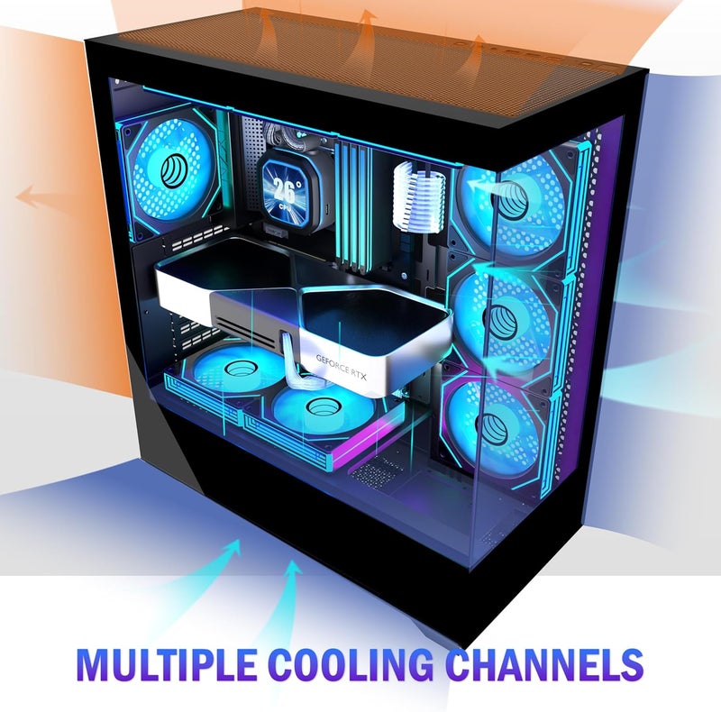 علبة كمبيوتر KEDIERS ATX مع 7 مراوح PWM ARGB مثبتة مسبقًا، منفذ Type-C، برج متوسط مع زجاج مقوى مزدوج الرؤية، علبة كمبيوتر ألعاب، أسود، P4 - Image 3