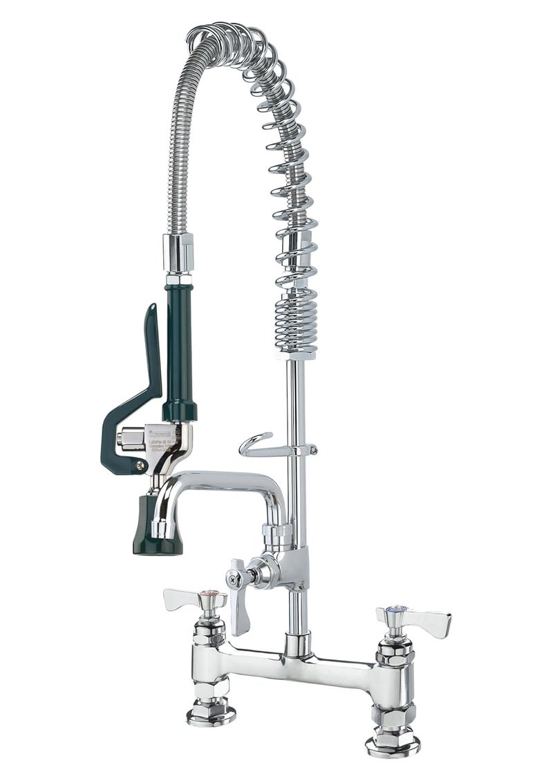 Krowne 18608L Krowne Royal Series Space Saver PreRinse Assembly with addon Faucet Deck Mount 8 Centers Spring Action Flexible gooseneck