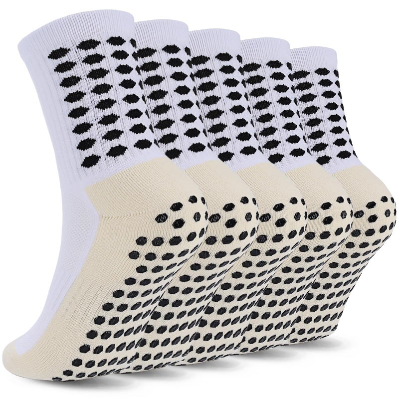 Ultrafun 5 Pairs Kids Youth Grip Soccer Socks Cushioned Non Slip Football Athletic Sports Socks, White, L - Image 1
