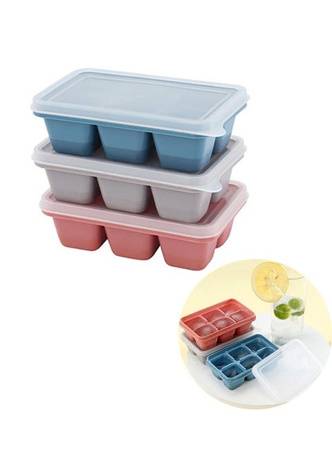 3PCS Silicone Ice Crate with Lid, 6-compartment Soft Bottom Ice Tray, Homemade Ice Cube Mould, Reusable Ice Tray, Frozen Stackable Ice Crate Mold for Cocktails, Whiskey (Blue + Grey + Pink)