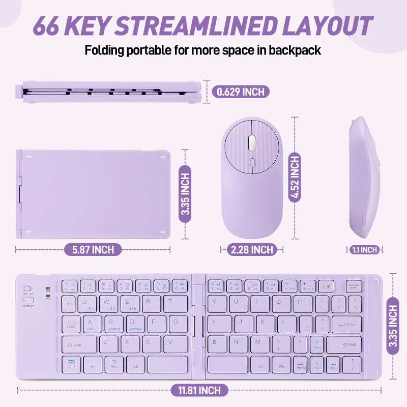 Guiheng Foldable Mini Rechargeable Bluetooth Keyboard and Mouse Combo, 2.4G Wireless and Bluetooth,(Sync Up to 3 Devices), Ultra-Slim Travel Folding Keyboard for iPhone iPad Mac Android Windows iOS(Purple) - Image 3
