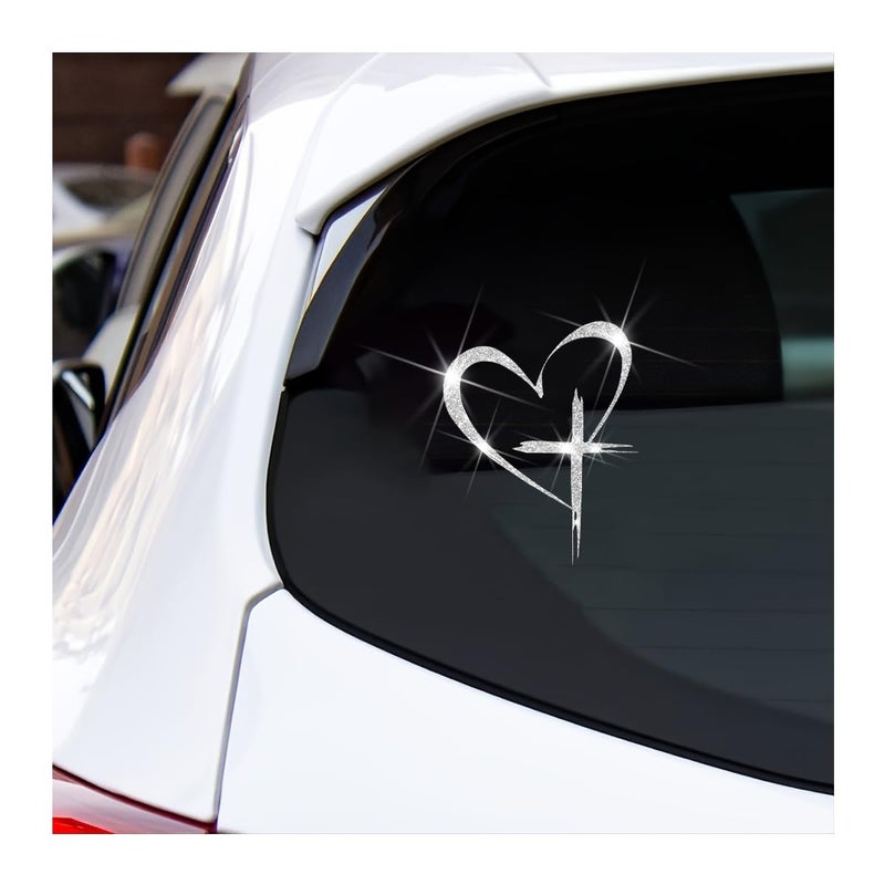 Sandfren Love Cross Car Sticker 47 x 59 Bling Love Heart Waterproof Vehicle Window Decal SelfAdhesive Automotive Bumper Decorative Accessories Universal for SUV RV Truck Silver - Image 3