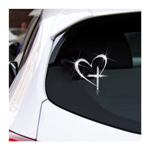 Sandfren Love Cross Car Sticker 47 x 59 Bling Love Heart Waterproof Vehicle Window Decal SelfAdhesive Automotive Bumper Decorative Accessories Universal for SUV RV Truck Silver - Image 1