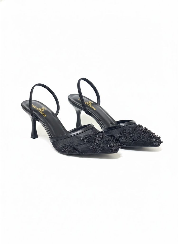 لايف ستيلاش  أحذية بكعب شبك مع تطريز F-607 - أسود - Image 2