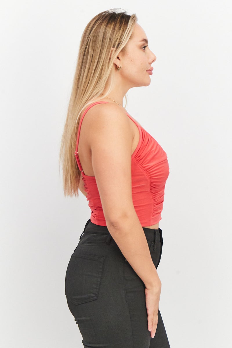 Sinsay Women V neck Sleeveless Solid Ruched Top, Dark Pink - Image 3