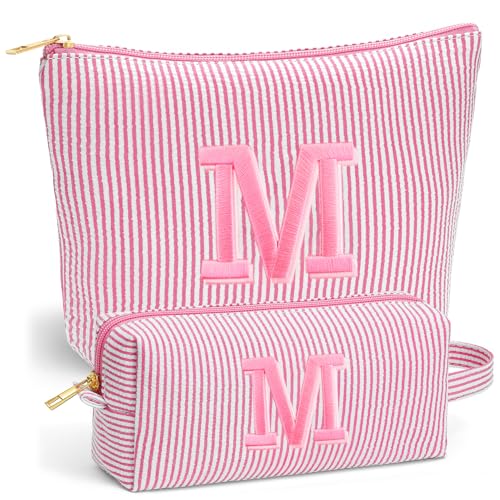 Fohufo Mothers Day Gifts for Girls Women - Personalized Initial Pink Makeup Bag, Teen Girl Gifts Trendy Stuff, 6 7 8 9 10 11 12 Year Girl Birthday Gift, Mothers Day Graduation Gift for Her - Letter M - Image 1