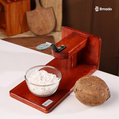 Bmado Traditional Polished Wooden Table-Top Manual Coconut Scraper – Chirava Grater Thengai Thuruvi with Stainless Steel Blade, Comfortable to Use (Weight - 1100 Gram) - Image 2