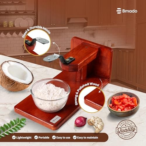 Bmado Traditional Polished Wooden Table-Top Manual Coconut Scraper – Chirava Grater Thengai Thuruvi with Stainless Steel Blade, Comfortable to Use (Weight - 1100 Gram) - Image 3