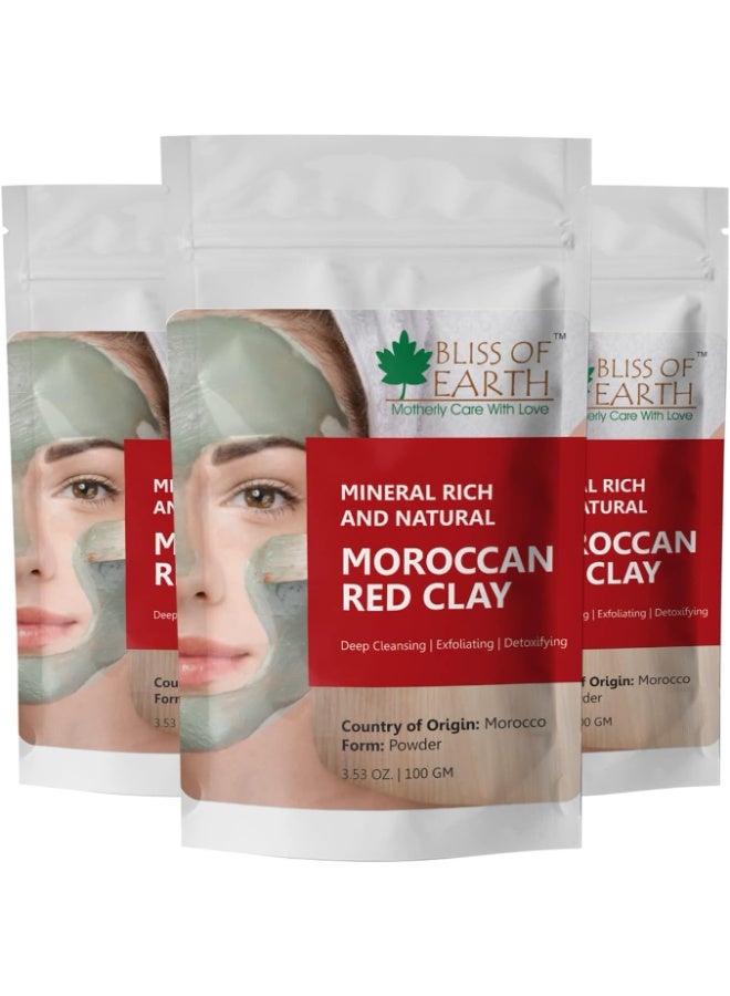 BLISS OF EARTH Moroccan Red Clay Powder for Face Mask and Body Wrap Organic Moroccan Red Clay Mud Mask for Skin Care Acne Treatment Rhassoul Clay Powder for Hair and Scalp Detox Pack of 3 x 100g - Image 1