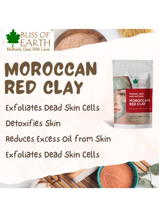 BLISS OF EARTH Moroccan Red Clay Powder for Face Mask and Body Wrap Organic Moroccan Red Clay Mud Mask for Skin Care Acne Treatment Rhassoul Clay Powder for Hair and Scalp Detox Pack of 3 x 100g - Image 3