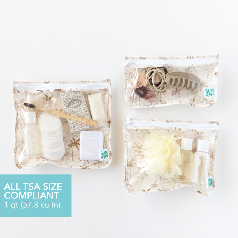 Bumkins Travel Bag, Toiletry, TSA Approved Pouch, Zip Bag, Quart Size Airline Compliant, Clear-Sided, Baby, Diaper Bag Organization, Makeup, Accessories, Packing, Set of 3 Sizes, Palm Trees - Image 3