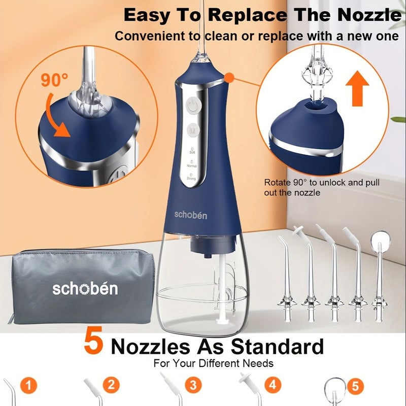 Cordless Oral Irrigator Navy Blue 5 Nozzles Rechargeable Dental Flosser Portable USB - Image 2