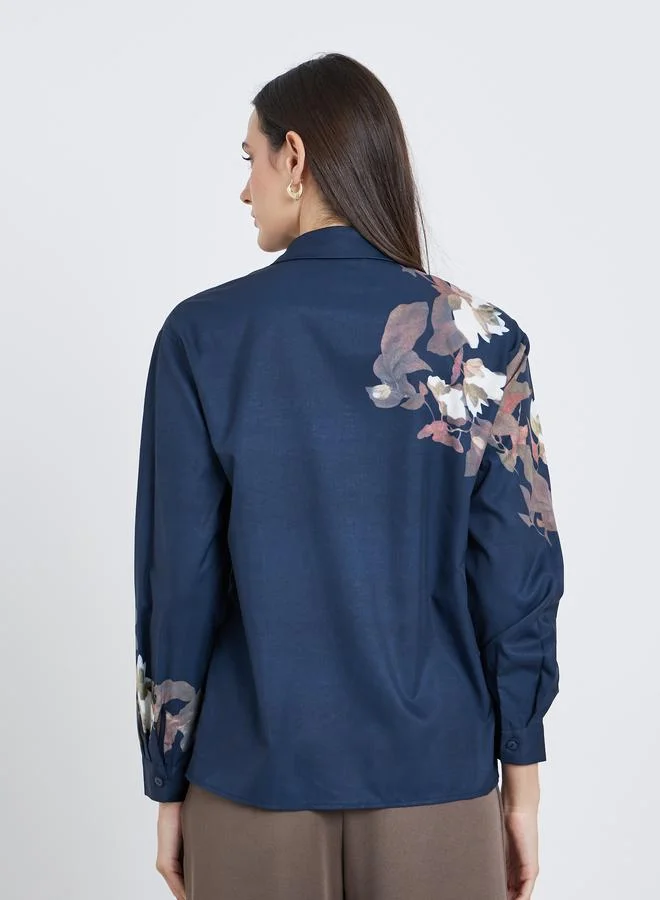 Styli Styli Women Navy Blue Floral Print Regular Fit Shirt