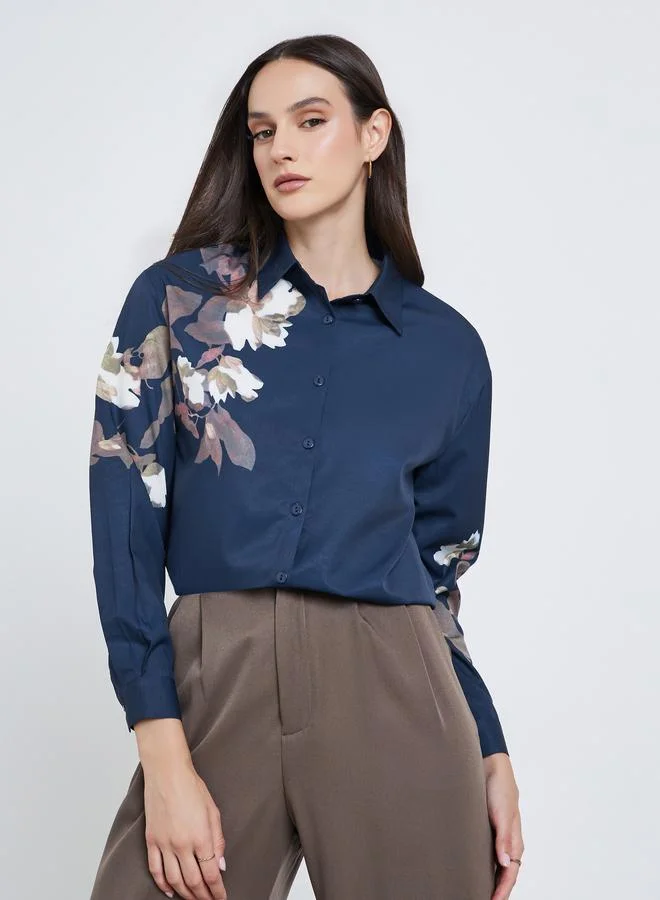 Styli Styli Women Navy Blue Floral Print Regular Fit Shirt